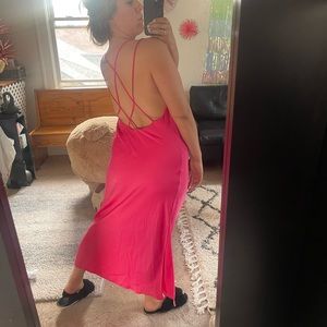 Pink satin wedding guest dress